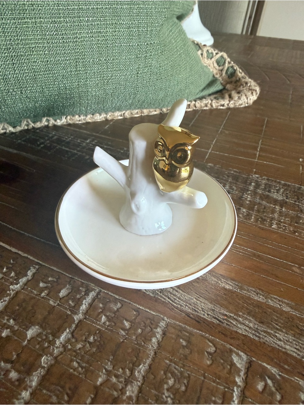 Vintage Style Ceramic Owl on Branch Ring Holder Gold Trinket Dish Decorative